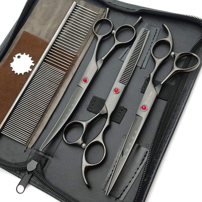 Kingstar 7.0in Professional Pet Grooming Scissors Set,Straight & Thinning & Curved Scissors 3pcs Set with Comb for Dog Grooming,A419 (Black-Grey) - Image 2